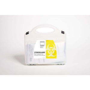 Bio Hazard Spill Kit – multi-use body fluid clean-up kit in a clear case.