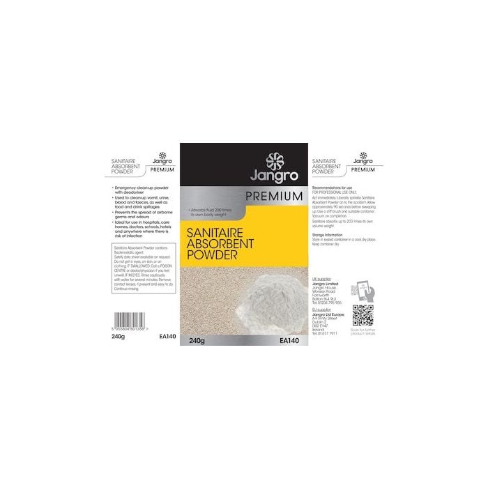 Sanitaire Absorbent Powder by Jangro – emergency cleaning and hygiene product packaging.