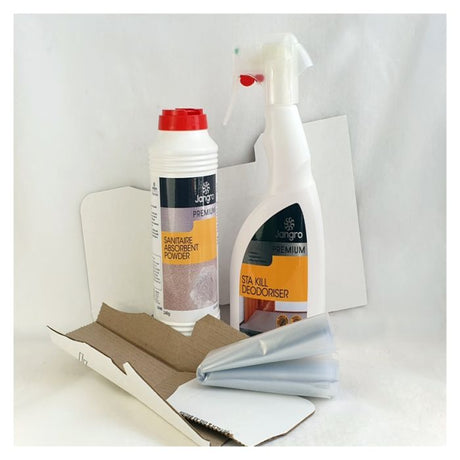 Jangro Emergency Spill Kit EA145 – includes absorbent powder and deodoriser for biohazard clean-up.