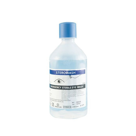 Sterowash Emergency Sterile Eye Wash – 500ml bottle for eye irrigation.
