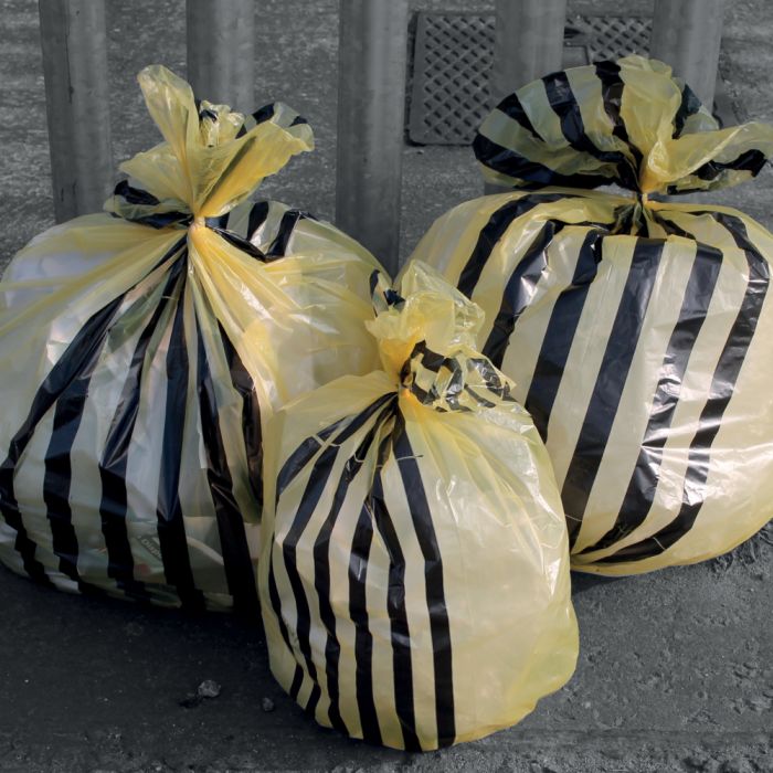 Yellow Tiger Stripe Clinical Waste Sacks – 90L capacity, pack of 250.
