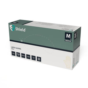 Packaging for Shield Latex Powder-Free Gloves, size Medium, containing 100 gloves.