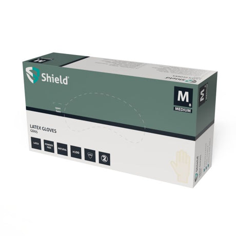 Packaging for Shield Latex Powder-Free Gloves, size Medium, containing 100 gloves.