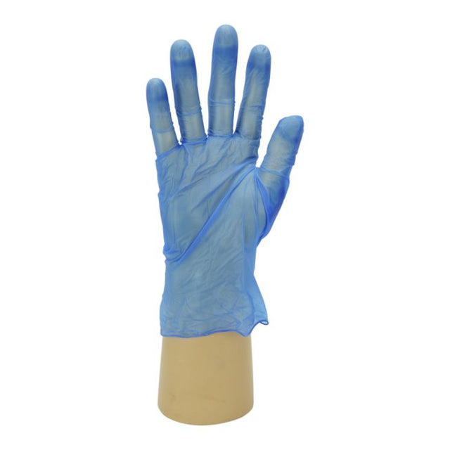 Blue Vinyl Powdered Gloves Medium – product shot of a single glove on display.