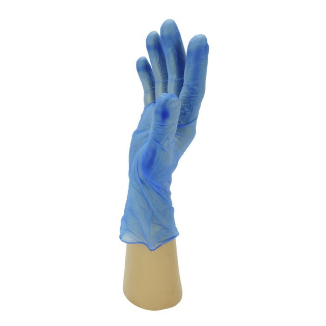 Blue Vinyl Powder-Free Gloves XL - product shot of a single glove on a display hand.