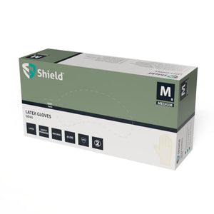 Packaging for Shield Latex Powdered Gloves, Medium size, 100 gloves per box.