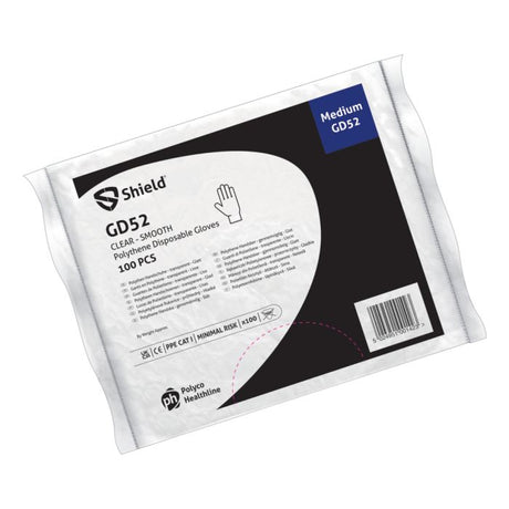 Clear Polythene Disposable Gloves GD52 – packaging for 100 gloves, food safe and powder-free.