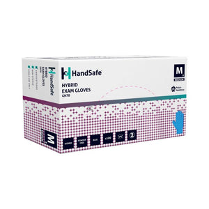 Packaging for HandSafe Hybrid Exam Gloves GN70, medium size, blue, powder-free, 100 count.