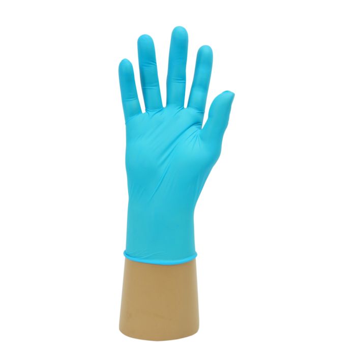 HandSafe Hybrid Gloves Blue Large - Powder-free medical grade gloves displayed on a hand model.