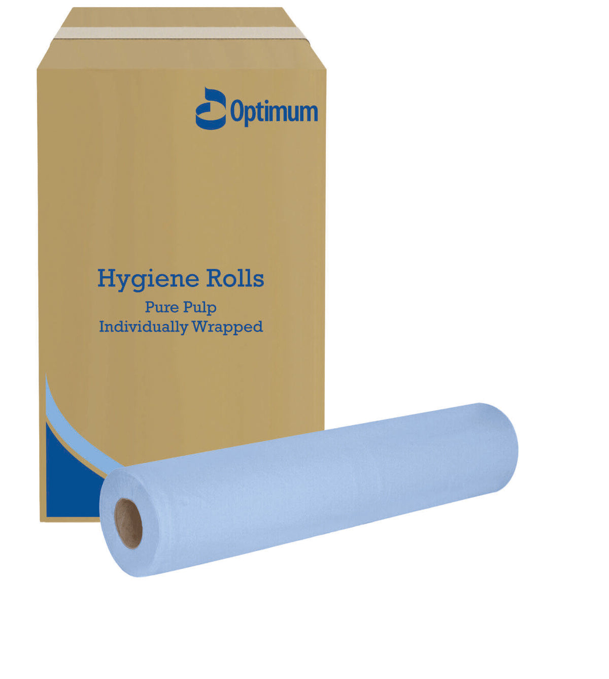 Packaging for Optimum Hygiene Rolls – pure pulp, individually wrapped, light blue roll.