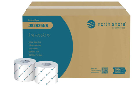 North Shore Toilet Roll 2 Ply – packaging for commercial toilet tissue, 36 rolls per case.