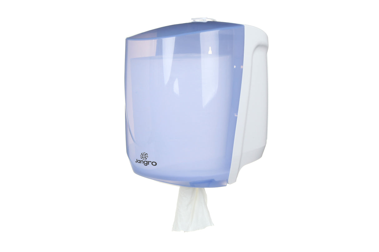 Jangro Centrefeed Dispenser Perforated - wall-mounted with perforated paper towel access.