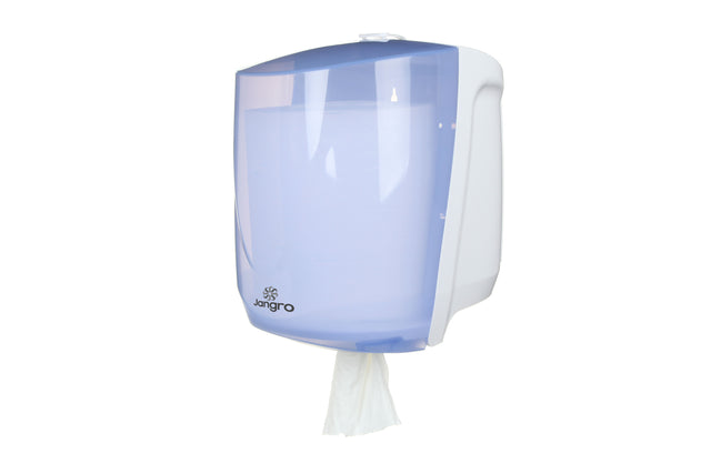 Jangro Centrefeed Dispenser Perforated - wall-mounted with perforated paper towel access.