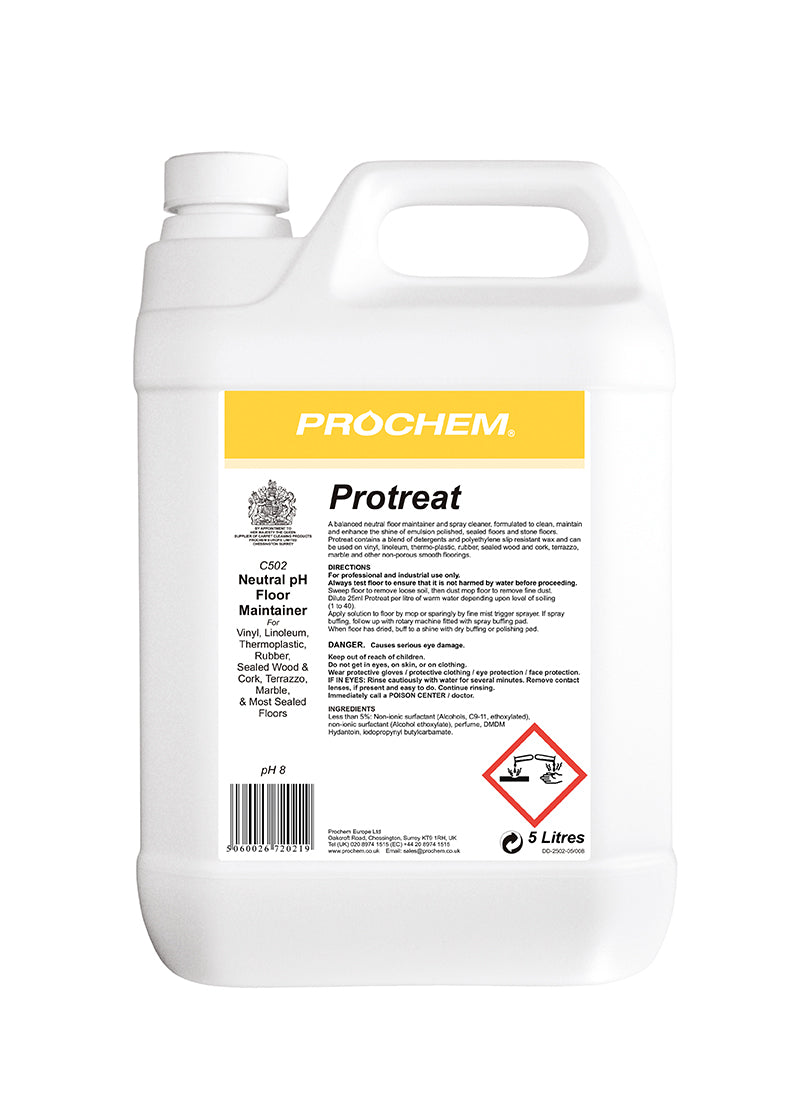 Prochem Protreat 5L – neutral pH floor maintainer with usage instructions and safety information.