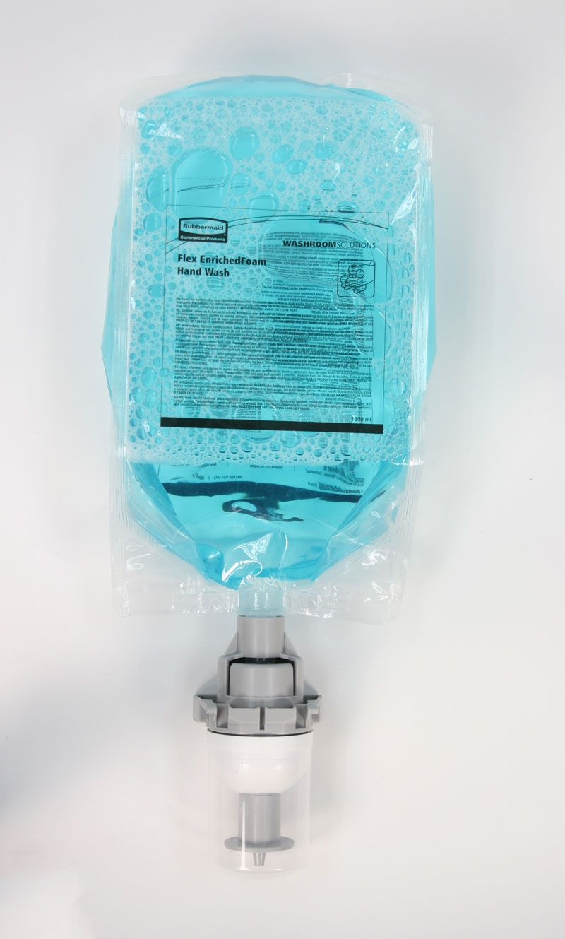 Rubbermaid Enriched Foam Hand Wash refill pouch, 1300ml, with blue liquid and product information.
