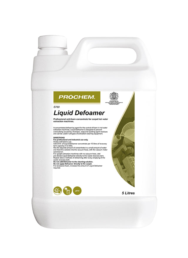 Prochem Liquid Defoamer S760 - 5L bottle for professional foam control in extraction machines.