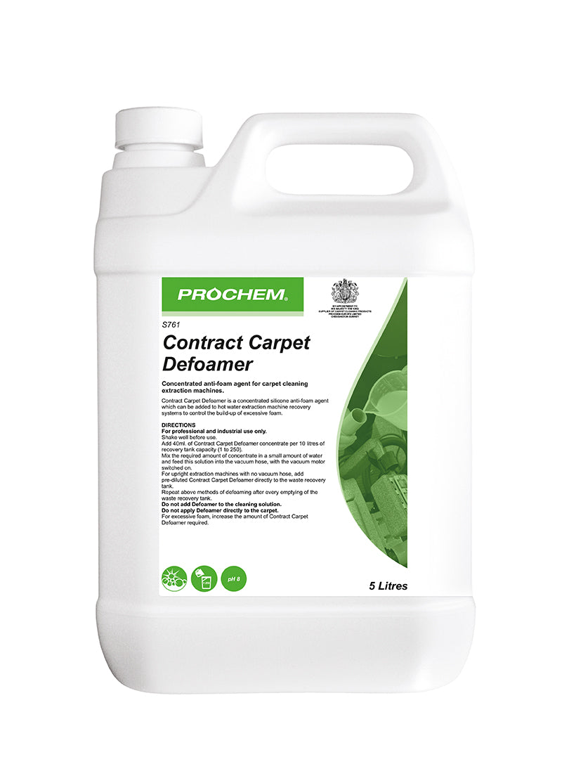 Prochem Contract Carpet Defoamer 5L – concentrated anti-foam agent for carpet cleaning machines.