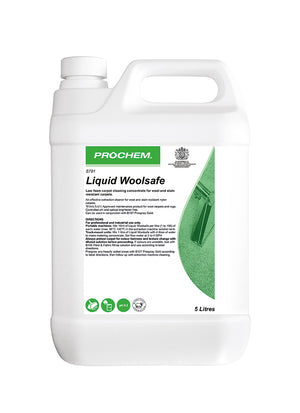 Prochem Liquid Woolsafe S781 - 5L wool carpet cleaner with usage instructions and product details.