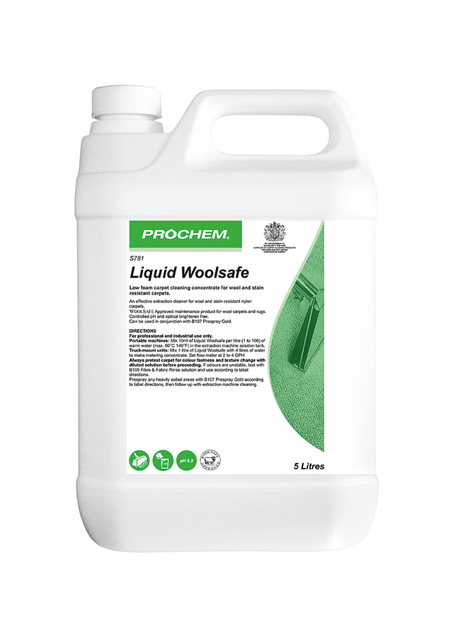 Prochem Liquid Woolsafe S781 - 5L wool carpet cleaner with usage instructions and product details.