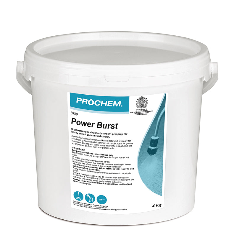 Prochem Power Burst 4kg – heavy-duty carpet extraction detergent booster packaging.