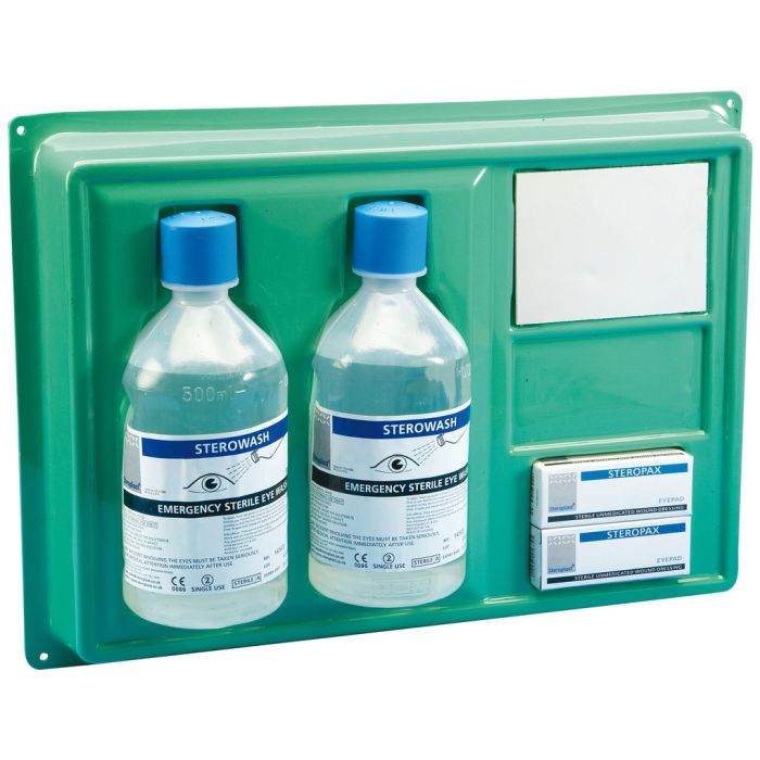 Steroplast Eyewash Station 500ml - wall-mounted unit with two sterile eye wash bottles.