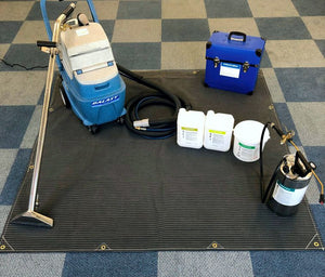 Grey Canvas Tarpaulin 1.8m × 1.8m - Heavy-duty protective cover with cleaning equipment arranged on it.
