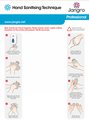 Hand sanitising technique instructions for XA601 by Jangro, detailing proper hand hygiene steps.