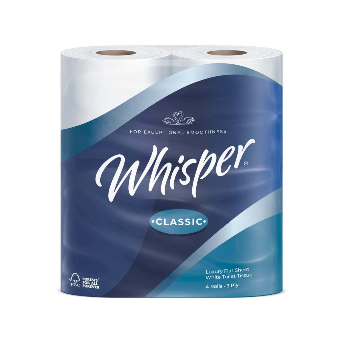 Whisper Classic Toilet Roll – packaging featuring 4 rolls of 3-ply toilet tissue.