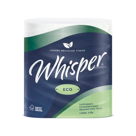 Whisper Eco Toilet Roll – packaging for sustainable 2-ply recycled toilet tissue.