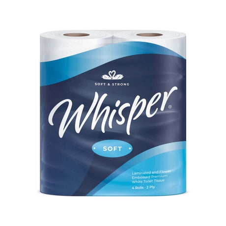 Whisper Soft White Toilet Rolls – packaging for 4 rolls of 2-ply toilet tissue.