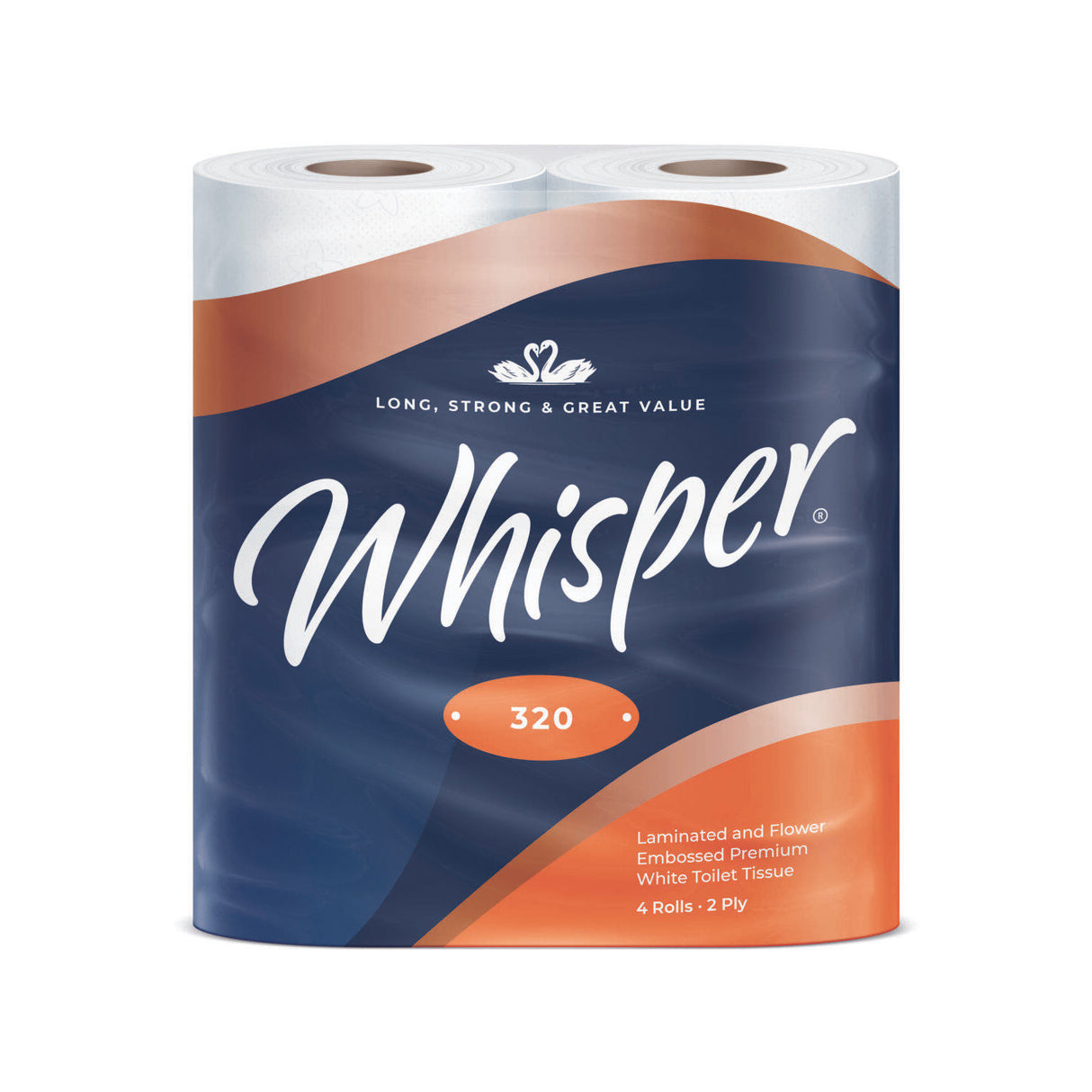 Whisper 320 Toilet Roll packaging featuring 4 rolls of 2-ply tissue.