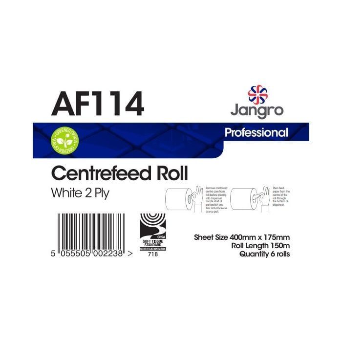 Jangro White Centrefeed Roll 2 Ply 150m AF114 – packaging with product details and specifications.