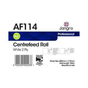 Jangro White Centrefeed Roll 2 Ply 150m AF114 – packaging with product details and specifications.