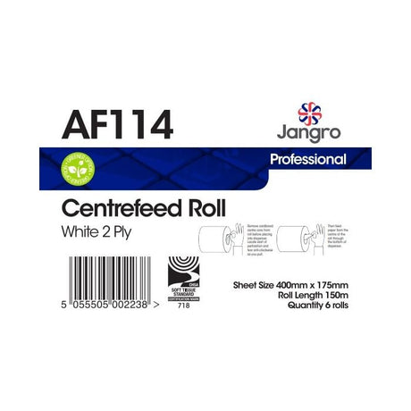 Jangro White Centrefeed Roll 2 Ply 150m AF114 – packaging with product details and specifications.