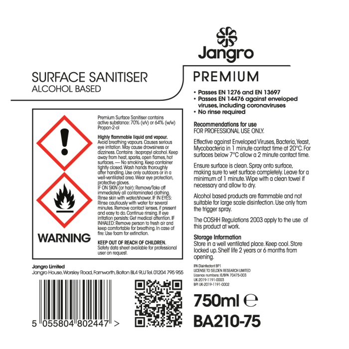 Jangro Premium Alcohol Based Surface Sanitiser – safety and usage instructions label.