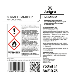 Jangro Premium Alcohol Based Surface Sanitiser – safety and usage instructions label.