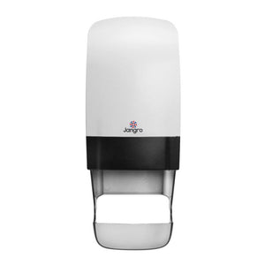 Jangromatic Dispenser in white plastic for dispensing liquid soap or sanitizer.