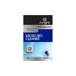 Jangro Premium Micro Bio Cleaner 1L – packaging featuring stain removal and odour destruction benefits.