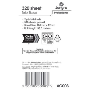 Jangro Professional 320 Sheet Toilet Roll packaging with product details and safety warning.