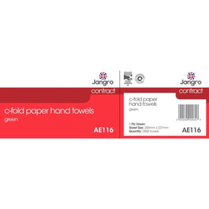 Packaging for Jangro C-Fold Paper Hand Towels, 1 Ply Green, 2850 towels.