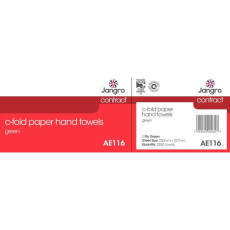 Packaging for Jangro C-Fold Paper Hand Towels, 1 Ply Green, 2850 towels.