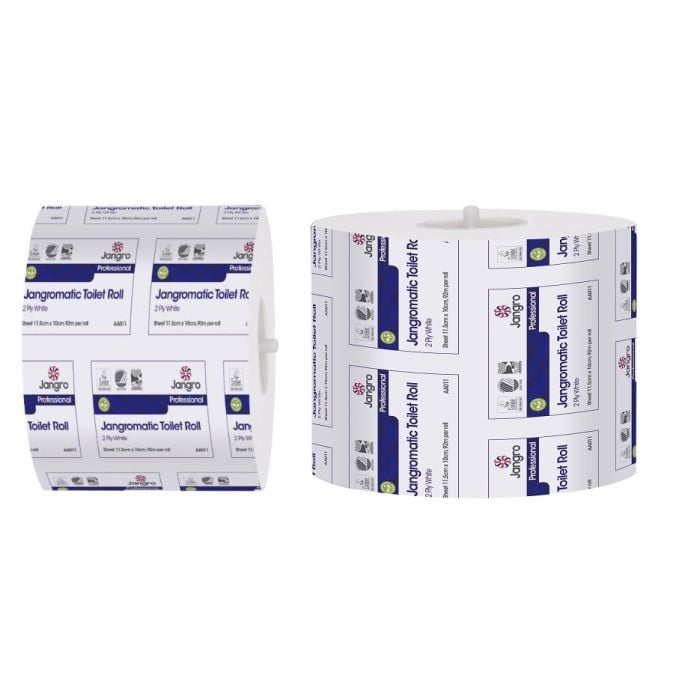 JangroMatic Toilet Paper 2 Ply – jumbo roll packaging with product details.