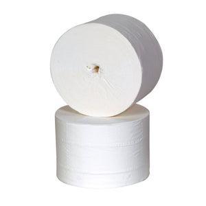 Jangro Coreless Micro Mini Toilet Roll 2 Ply – two rolls stacked, white.