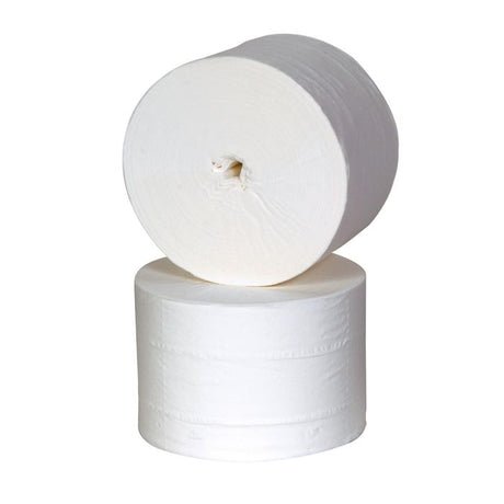 Jangro Coreless Micro Mini Toilet Roll 2 Ply – two rolls stacked, white.