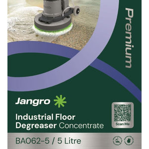 Jangro Premium Industrial Floor Degreaser Concentrate 5L – product packaging with usage information.