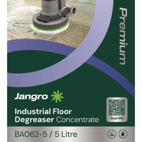 Jangro Premium Industrial Floor Degreaser Concentrate 5L – product packaging with usage information.