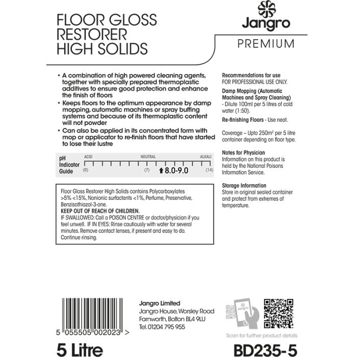 Jangro Premium Gloss Restorer High Solids 5L – usage instructions and safety information.
