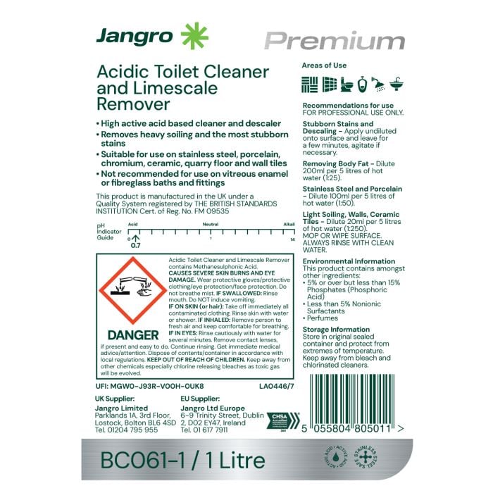 Jangro Acidic Toilet Cleaner & Limescale Remover – safety and usage instructions label.