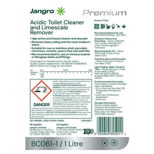 Jangro Acidic Toilet Cleaner & Limescale Remover – safety and usage instructions label.