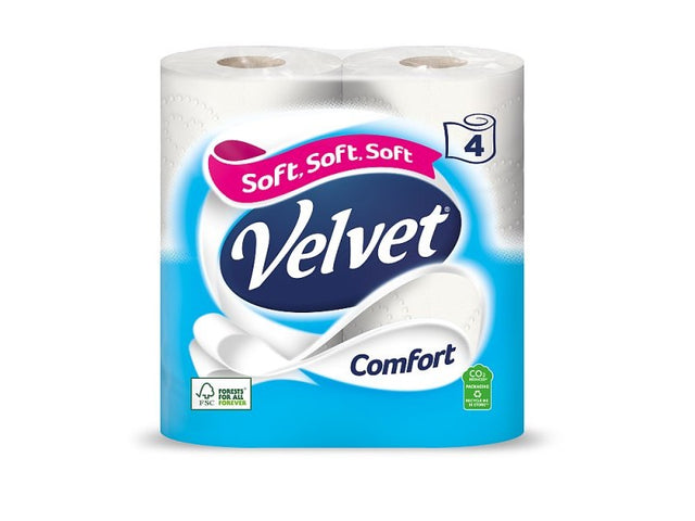 Velvet Comfort Toilet Roll – packaging for soft 2-ply toilet tissue, 210 sheets per roll.
